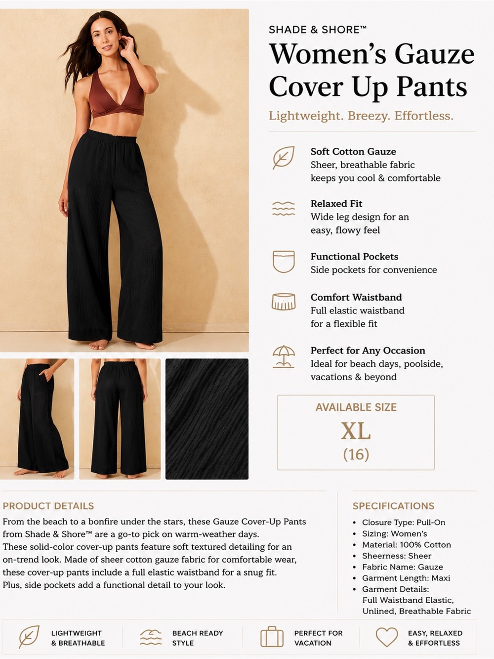 Shade & Shore Women's Wide-Leg Gauze Cover Up Pants - Black